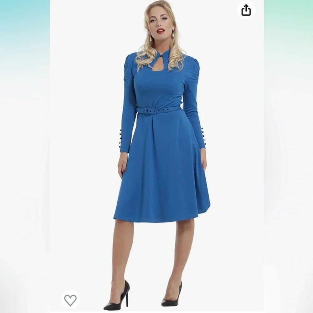 FINAL NEW Voodoo Vixen DITA Keyhole Neckline Long Sleeve Dress Blue Pinup SZ XL - Picture 2 of 5
